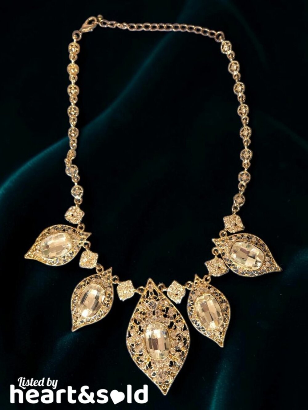Gold Ornate Filigree Leaf Drop Statement Necklace